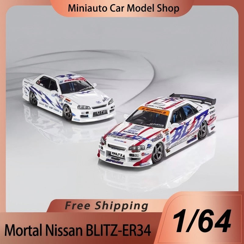 Novo em estoque Mortal 1:64 Nissan GTR D1GP Blitz ER34 Liga Miniatura Diecast Modelo Conjunto de Dois Carros Versão D1GP Brinquedos de Modelo de Carro Presente
