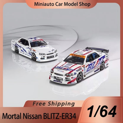 Novo em estoque Mortal 1:64 Nissan GTR D1GP Blitz ER34 Liga Miniatura Diecast Modelo Conjunto de Dois Carros Versão D1GP Brinquedos de Modelo de Carro Presente