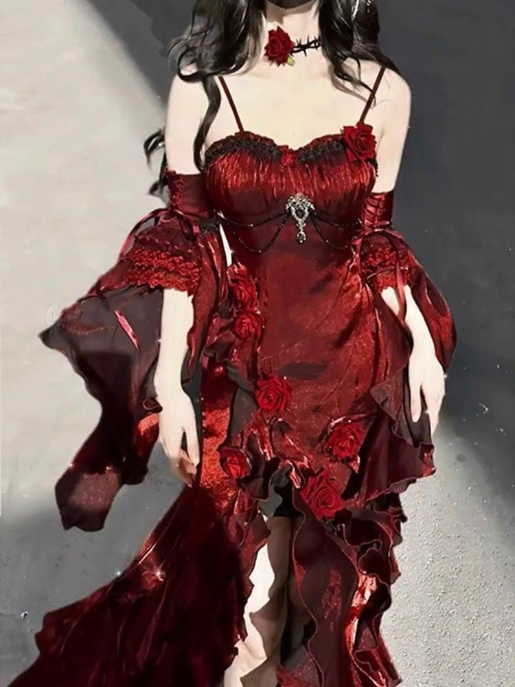 Red Rose Dress Lolita Mermaid Dress Elegant Goddess Lolita Adult Ceremony Dress Skirt