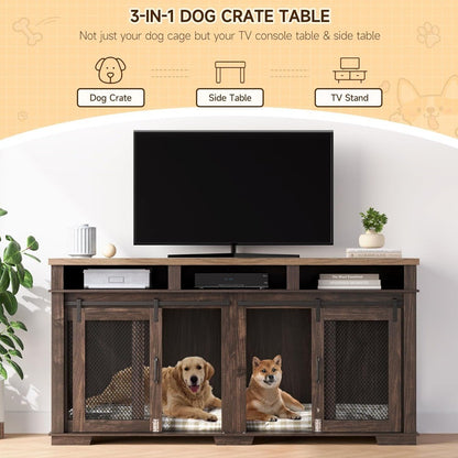 Móveis de Caixa para Cachorros de 180cm para 2 Cães, Canil com 3 Gavetas de Armazenamento e Divisória Removível, Gaiola Dupla Extra Grande para Cães como Suporte de TV