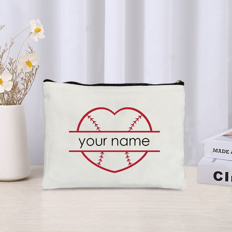 Basketball Football Custom Name Canvas Cosmetic Bag Organizer Travel Sundries Storage Zipper Pouch Wallet Gift for Sports Lovers