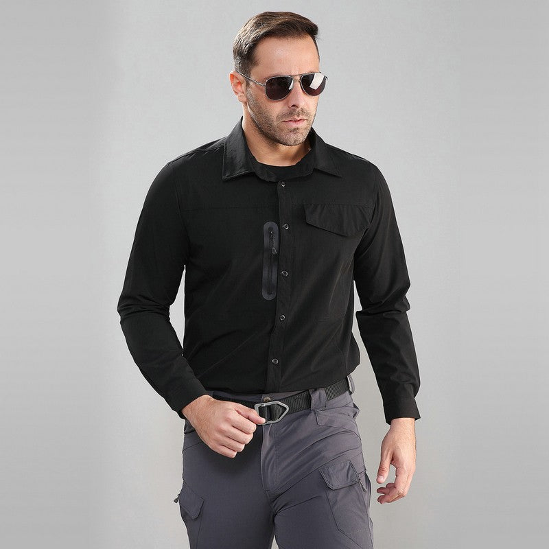 Stretch Men's Shirt Multiple Pockets Quick Drying Shirts High Quality Male Elastic Tooling Shirt Men Clothing Casual Shirts AF54