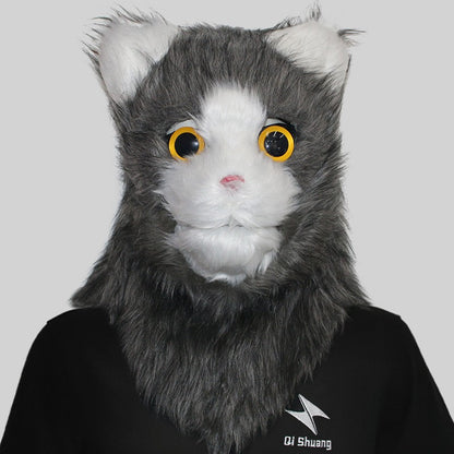 Movable Mouth Cat Head Mask Animal Latex Cute Helmet  Artificial Fur for Halloween Costumes Party Props Adult Size