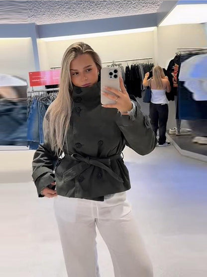 Belted Waist Cropped Trench Double Breasted Stand Collar 2025 Autumn Chic Elegant Women Coat Casual Vintage Office Lady Jacket