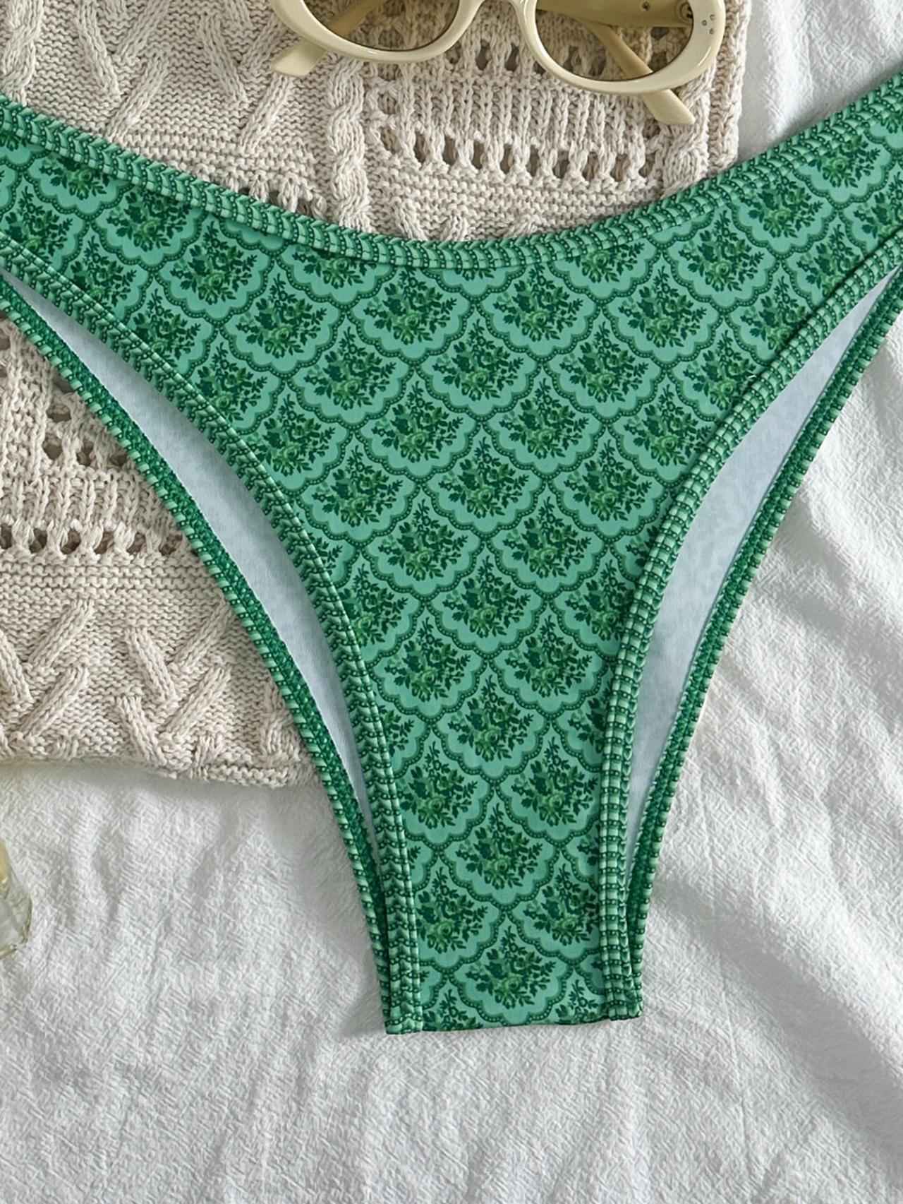 Sexy Bandeau Bikini 2025 Women Green Floral Pleate Push Up Padded Thong Swimsuit Summer Bathing Suit Two Piece Swimwear Biquini