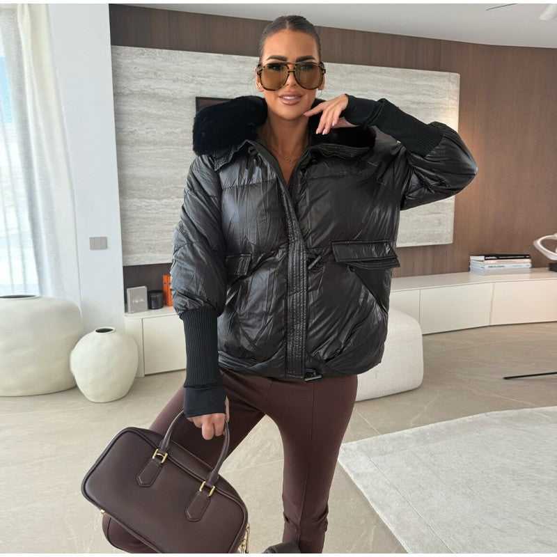 Vintage Women's Fur Coat Elegant Furs Collar Puffer Thicken Full Sleeve Jacket With Furs Female 2025 Autumn Winter Woman Coats