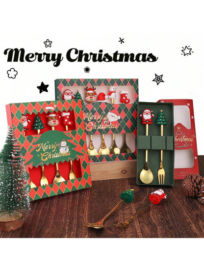 Christmas Spoon And Fork Sets Stainless Steel Tableware Coffee Tea Dessert Spoon And Fork Xmas Gifts For Guest New Year Gifts