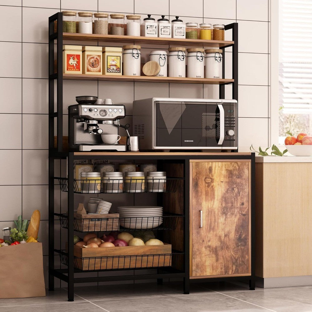 Armário de Cozinha com Cesto e Porta, Suporte de Micro-ondas Industrial, Prateleira de Armazenamento, Carrinho de Cozinha Independente