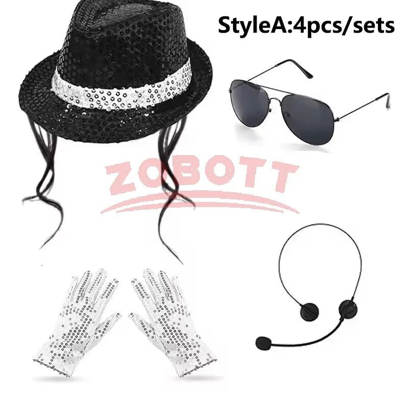 Disco Stage Performance Sequin Hat Tie Glove Set Michael Jackson Cosplay Style Sparkly Costume For Dance Party Halloween Gift