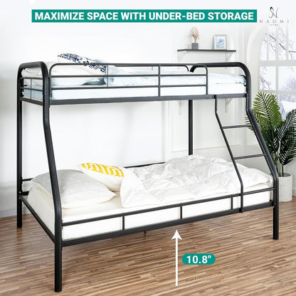 Twin Over Full Metal Bunk Bed with Safety Guardrails, 800 lbs Capacity, Angled Ladder, Underbed Storage, Black, Moder