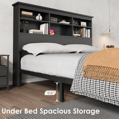 Queen Size Bed Frame with Bookcase Headboard, 2-Tier Storage Queen Platform Bed with Charging Station, No Box Spring