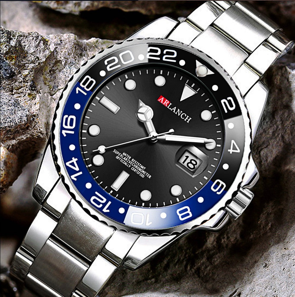 Business Stainless Steel Watch 40mm Classic Red Blue Circle Diving Series Magnifying Glass Calendar Quartz Watches montre homme