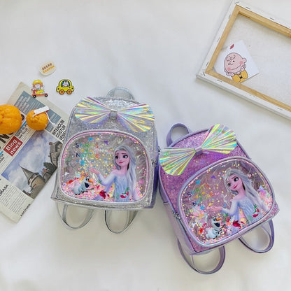 Mochila Mini de Glitter Princesa Elsa de Frozen da Disney, Linda com Laço de Lantejoulas, Bolsa Escolar de Jardim de Infância para Meninas, Desenho Animado Infantil, Mochila de Ombro Duplo