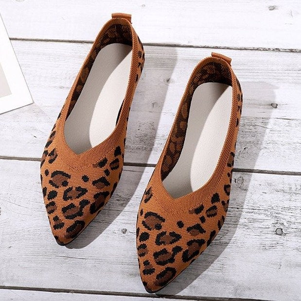 Elegant Houndstooth Knitted Ballet Flats Woman Point Toe Mesh Moccasins Ladies Big Size Leopard Loafers Soft Driving Shoes