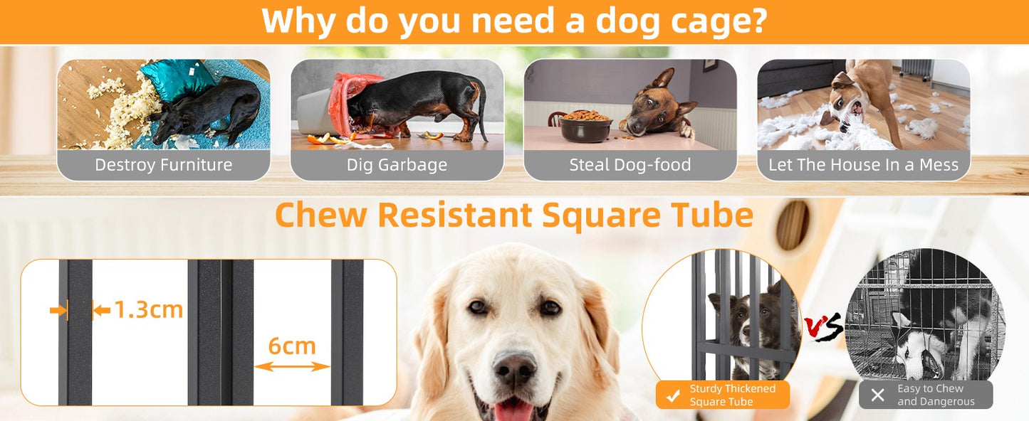 Caixa Grande Reforçada para Cães XXL Gaiola Resistente para Animais de Estimação Tubo Quadrado de Metal Canil Cercadinho com Rodas Traváveis e Bandeja