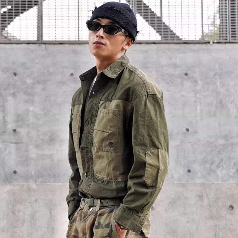 Vintage Patchwork Design Men Autumn Tactical Function Cargo Shirts Y2K High Street Techwear Style Long Sleeve Tops camisetas