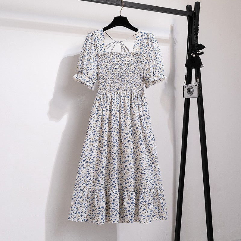 Summer Pleated Women Chiffon Dresses Casual Beach Holiday Short Sleeve Square Co