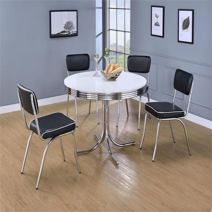 Retro Round Dining Table with Chrome Legs Glossy White Finish Indoor Seating 4 Mid-Century Style Easy Assembly