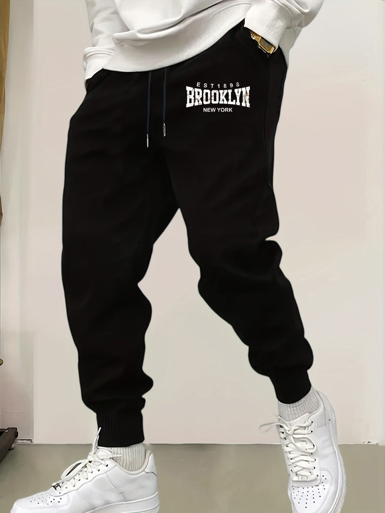 Calça Moletom Masculina Brooklyn New York Estampada Quente Confortável Calças Longas Jogger Básica Bolsos Cintura Elástica Calça Versátil