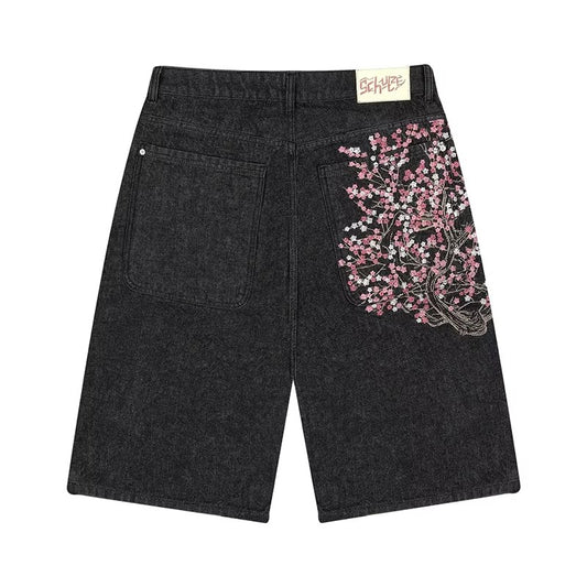 Fashion Retro Cherry Blossom Pattern Embroidery Black Denim Shorts Gothic Hip Hop Men Women Versatile Casual Streetwear Summer