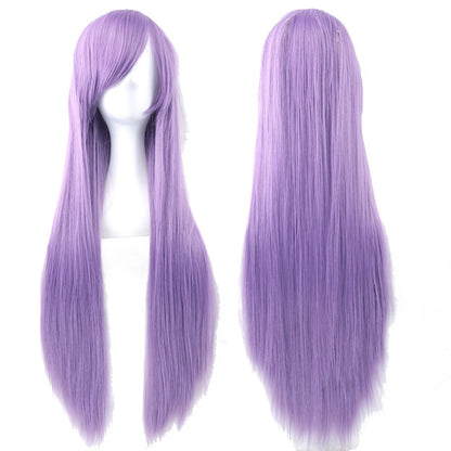 Perucas de Cosplay de 80cm de Comprimento Sintéticas Brancas Roxas Perucas Verdes Lisas Prateadas Postiço Rosa Peruca Lolita Personalizada com Franja