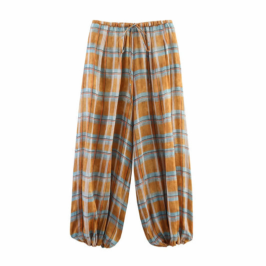 Women's 2025 Autumn Fashion Versatile Ramie Bloomers Plaid Printed Loose Pants Female High-Waist Drawstring Casual Trousers