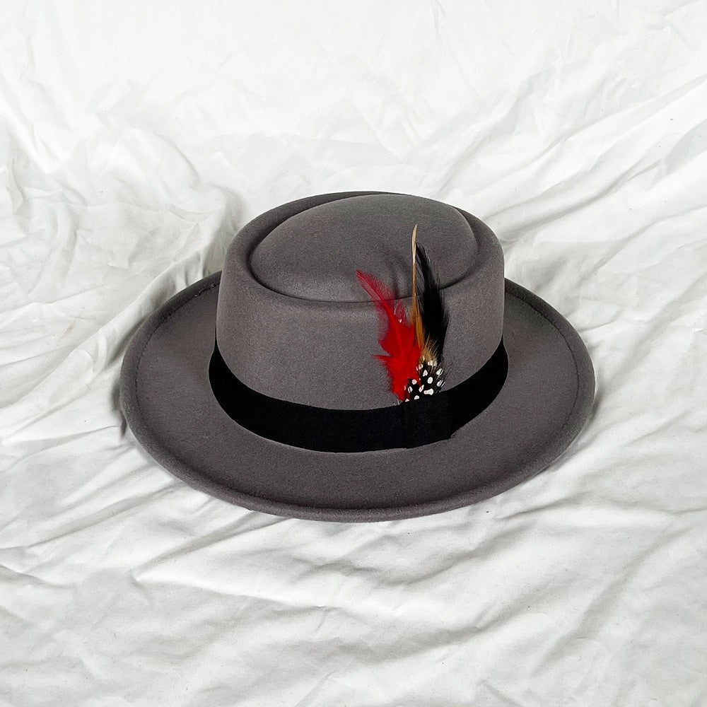 NEW Vintage Pork Pie Hat Mens Rolled Brim Felt Fedora Hat with Feather Gentleman Church Cap Trilby Jazz Hats