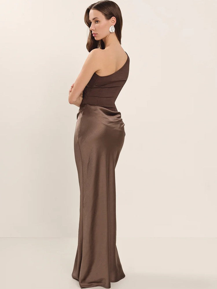 JULISSA MO Patchwork Satin Sexy One Shoulder Women Maxi Dress Brown Sleeveless E