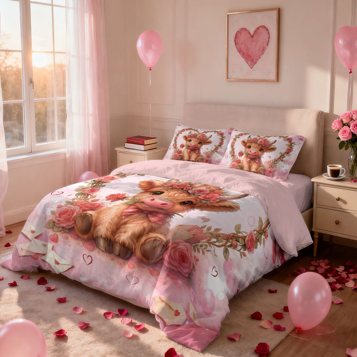 3pcs Pink Romantic Valentine's Day Highland Cow Print Coreless Bedding Set Multi Size Bedding Decoration Machine Washable
