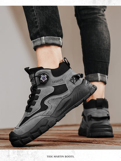 High-Top Men's Shoes for Winter, Thick-Soled Sports Shoes, British Style Retro Work Shoes, Rotating Buckle Casual Boots