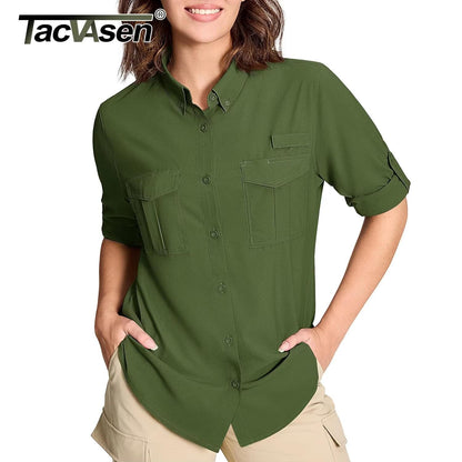 TACVASEN Womens UPF 50+ Fishing Shirts UV Block Quick Dry Long Sleeve Cargo Shirts Breathable Mesh Outdoor Trekking Hiking Shirt