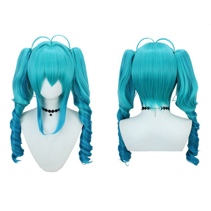 Cabelo Sintético Cosplay de 28 Polegadas com Franja, Cor Gradiente Azul-Ciano Miku, Rabo de Cavalo Cacheado na Ponta, Peruca para Festa de Halloween