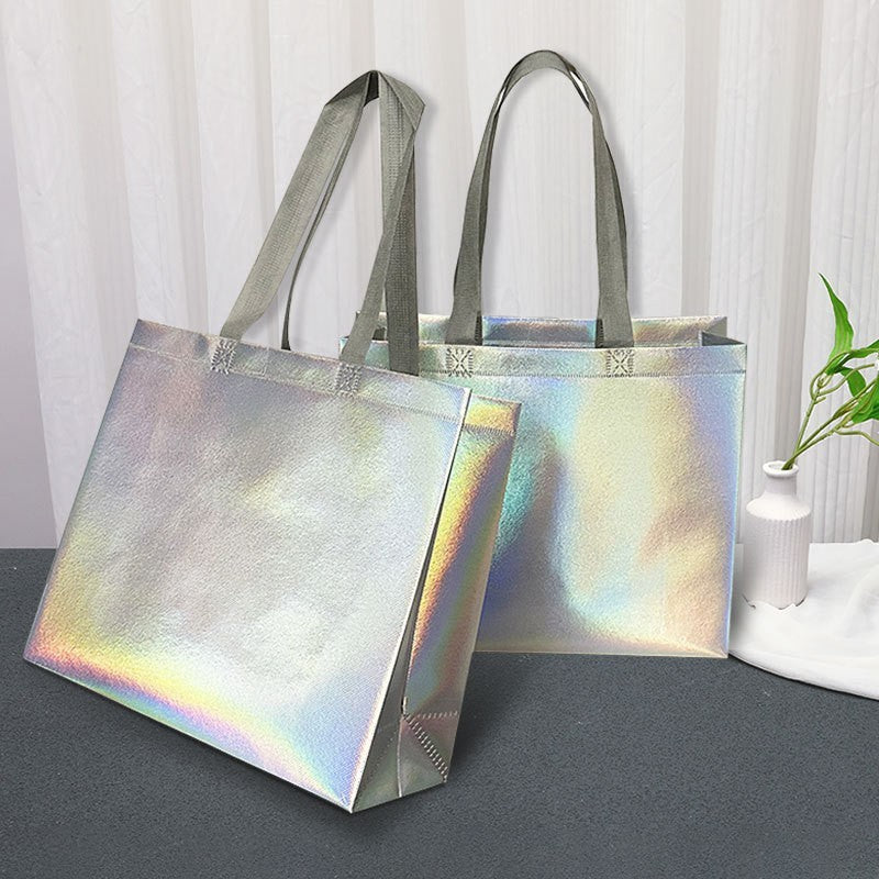10Pcs Reusable Silver Laser Tote Bag Durable Non Woven Gift Shopping Bag for Wedding Bridesmaid Party Birthday Eco Friendly