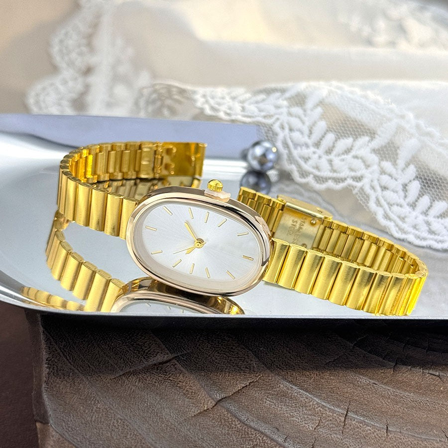 New Golden Retro Fashion Elliptical Quartz Watch Ladies Steel Strap Gold Watch Stylish Niche Timepiece