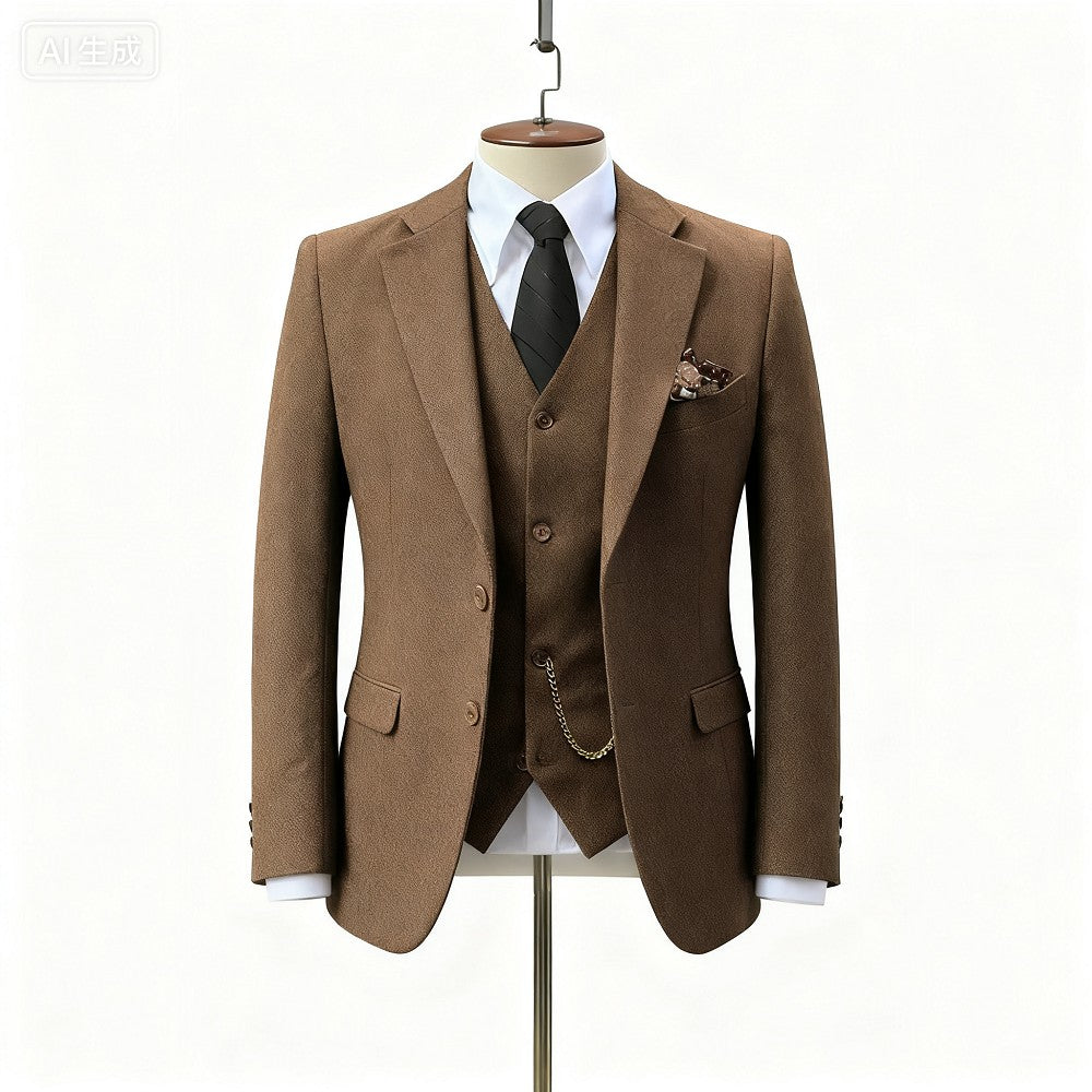 Men's Wedding Tuxedo in Brown Tweed 3-Piece Fishbone Smoking Suit with Notched Lapel Business Tweed Aesthetic Tailored Fit