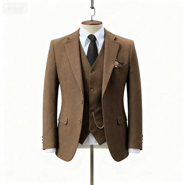 Men's Wedding Tuxedo in Brown Tweed 3-Piece Fishbone Smoking Suit with Notched Lapel Business Tweed Aesthetic Tailored Fit