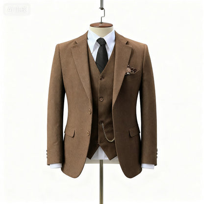 Men's Wedding Tuxedo in Brown Tweed 3-Piece Fishbone Smoking Suit with Notched Lapel Business Tweed Aesthetic Tailored Fit