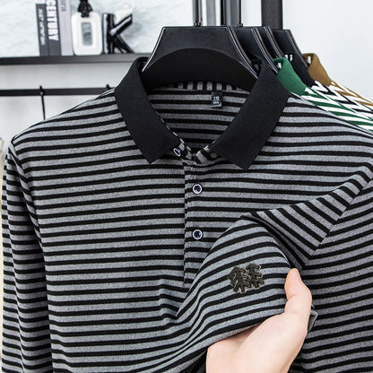 Men's Long Sleeved T-shirt, Youth Lapel T-shirt, Autumn Clothes Striped Polo Shirt Double-sided German Velvet 2025 New Trend Top