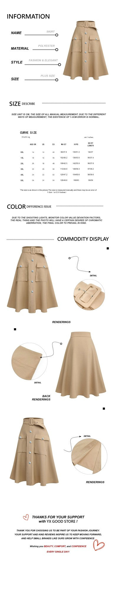 Plus Size Utility Cargo Midi Skirt Women's High Waist Belted A-Line Work Skirt with Pockets Free Shipping