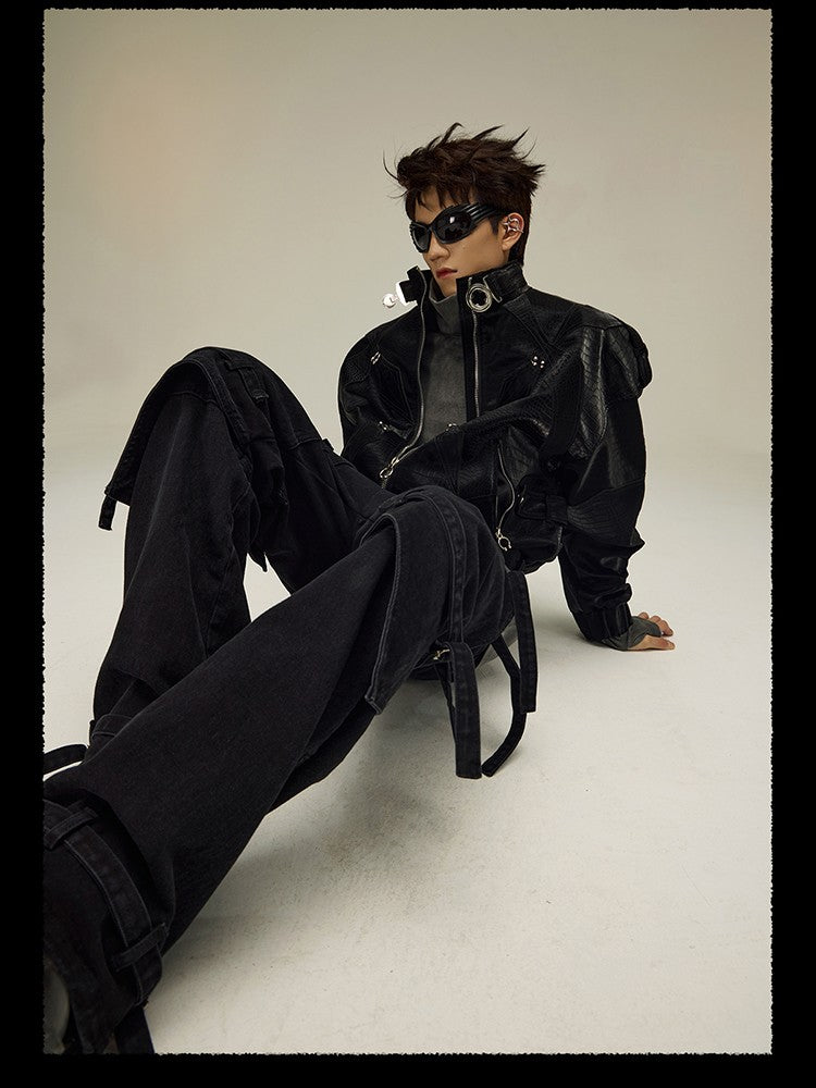 Mauroicardi Spring Autumn Cool Short Shiny Black Crocodile Print Pu Leather Jacket Men Luxury Designer Y2K Streetwear Clothes