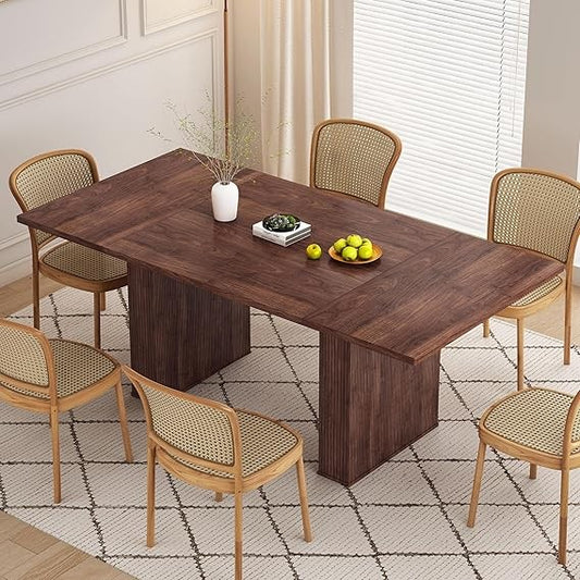 78 Inch Rectangular Dining Table for 6 to 10, Farmhouse Fluted Dining Kitchen Table, Modern Wood Long Dining Table for Kitchen L