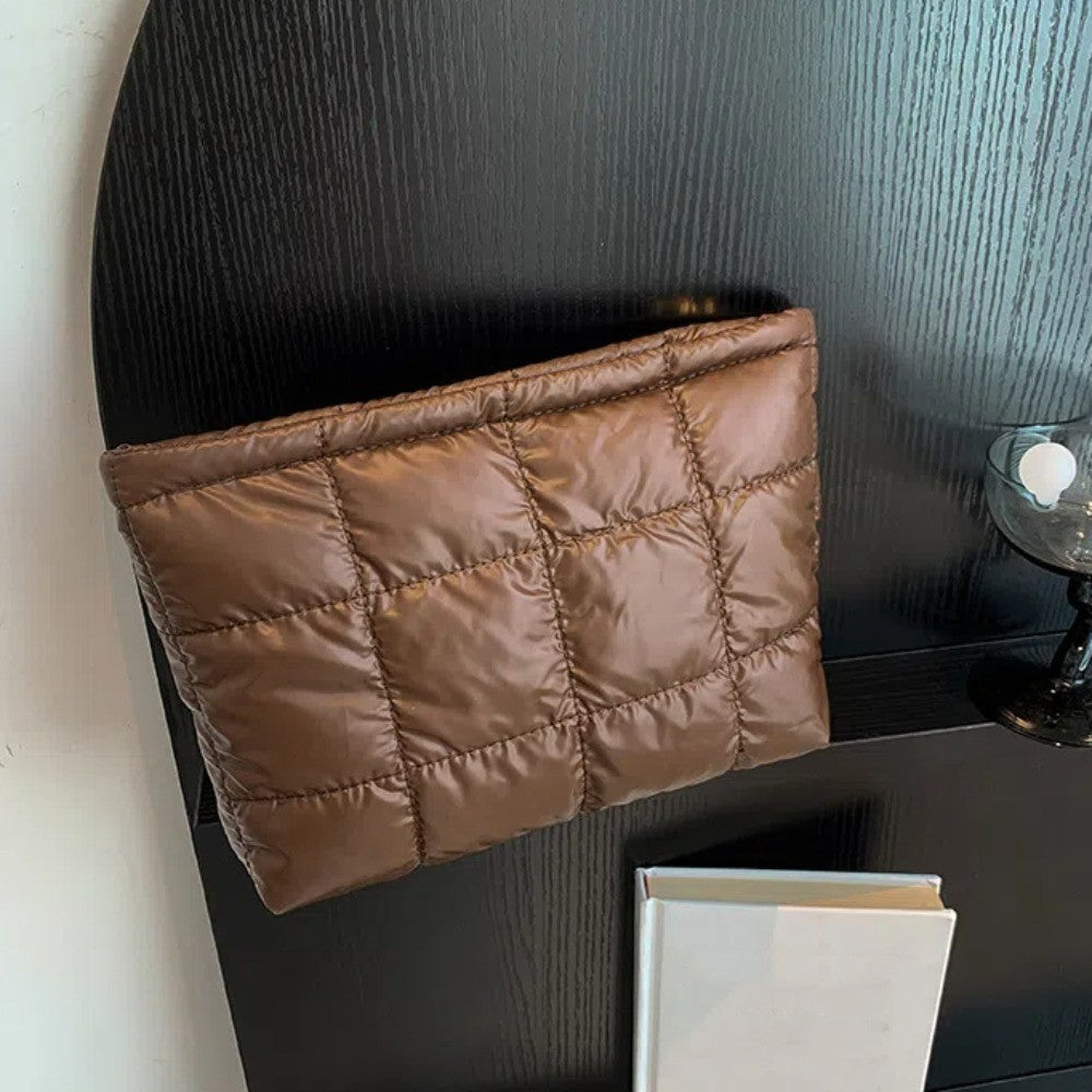 Cotton Filled Puffer Pouch PU Leather Storage Purse Puffer Padded Makeup Bag Waterproof Solid Color Thick Plaid Clutch Bag Work