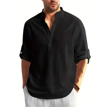 Autumn New Men's Cotton Linen Long Sleeve T-shirt Solid Color Henley Collar Lightweight Breathable Men's Casual Button Top