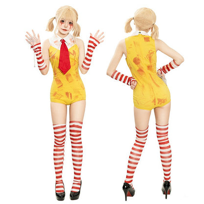 Women Halloween Funny Clown Girl Cosplay Jumpsuit Complete Accessory Set Ladies Party Roleplay Costume Cute Carnival Slim Outfit