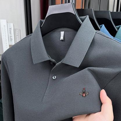 100% pure cotton spring and autumn fashionable men's collar striped long sleeved polo shirt brand embossed casual T-shirt