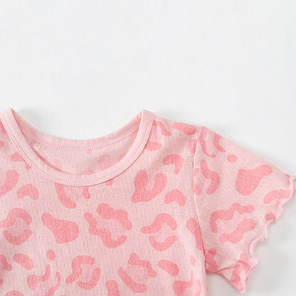 2Pcs 2025 Summer Kids Leopard Print Home Clothes Set Girls' Ice Silk Pajama Sets Baby Short Sleeve Shorts Tops Women' Loungewear