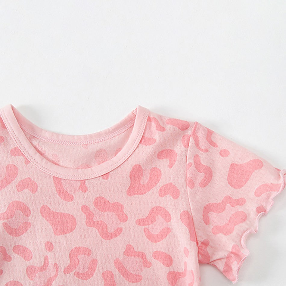 2Pcs 2025 Summer Kids Leopard Print Home Clothes Set Girls' Ice Silk Pajama Sets Baby Short Sleeve Shorts Tops Women' Loungewear