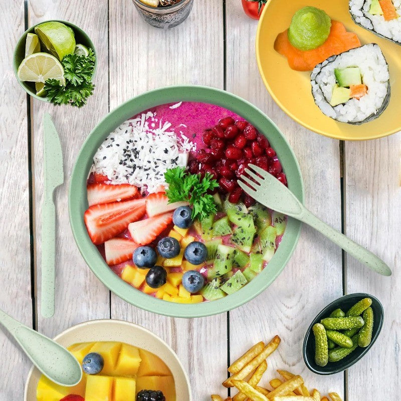 Wheat Straw Dinnerware Sets with Plates, Cups, Knives, Forks and Spoons Reusable Plates Dishwasher and Microwave