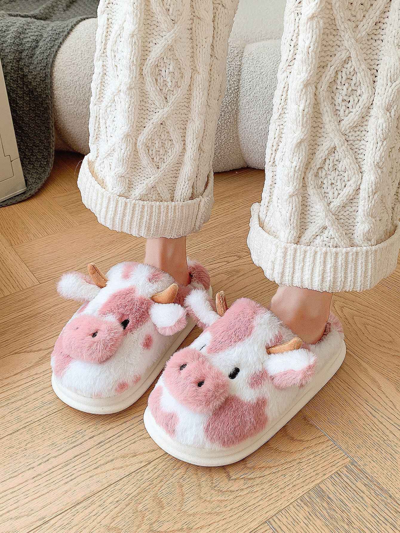 Pallene Cow milk Fuzzy Slippers Women Winter Cartoon Fur Slippers Soft Cozy Plush House Shoes Female Bedroom Cute Furry Slides