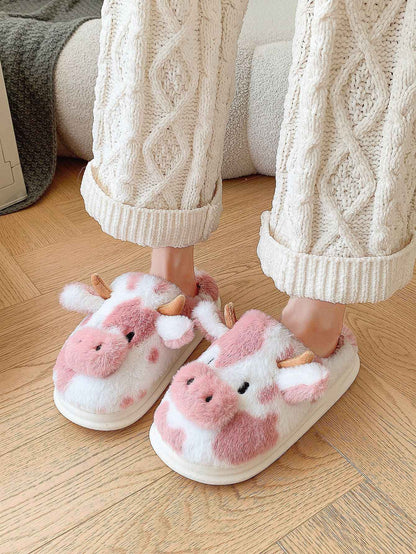 Pallene Cow milk Fuzzy Slippers Women Winter Cartoon Fur Slippers Soft Cozy Plush House Shoes Female Bedroom Cute Furry Slides